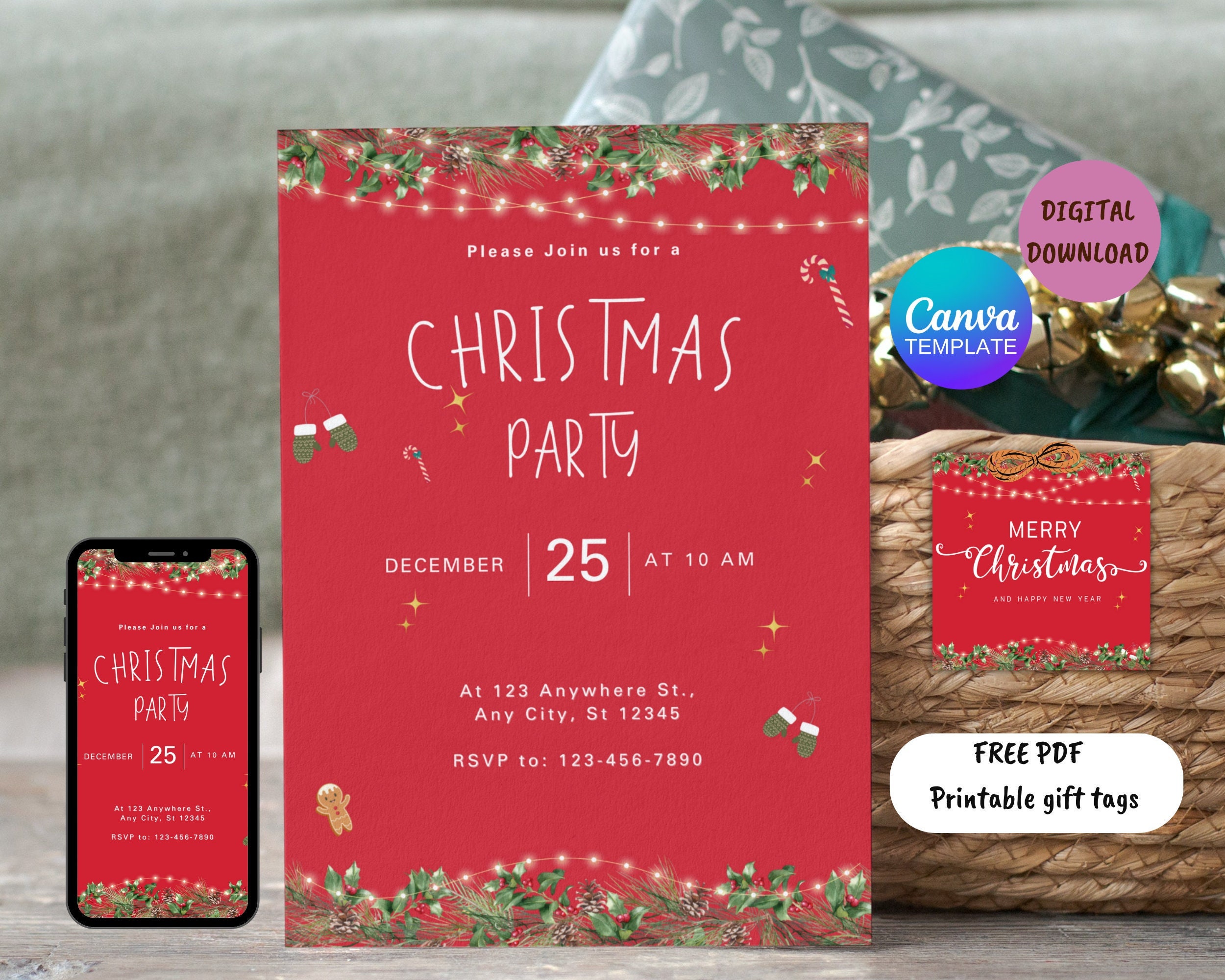 EDITABLE Christmas Party Invitation, Christmas Party, Canva Template ...