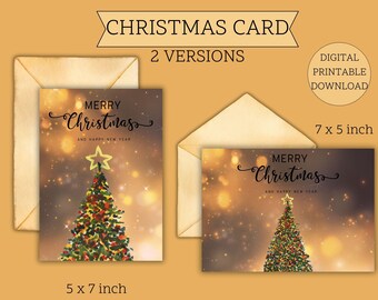 Starry Golden Colored Christmas Greeting Card: Sparkly Pine Tree Card, Sparkly Christmas Card, Printable Christmas Card, Happy New Years.
