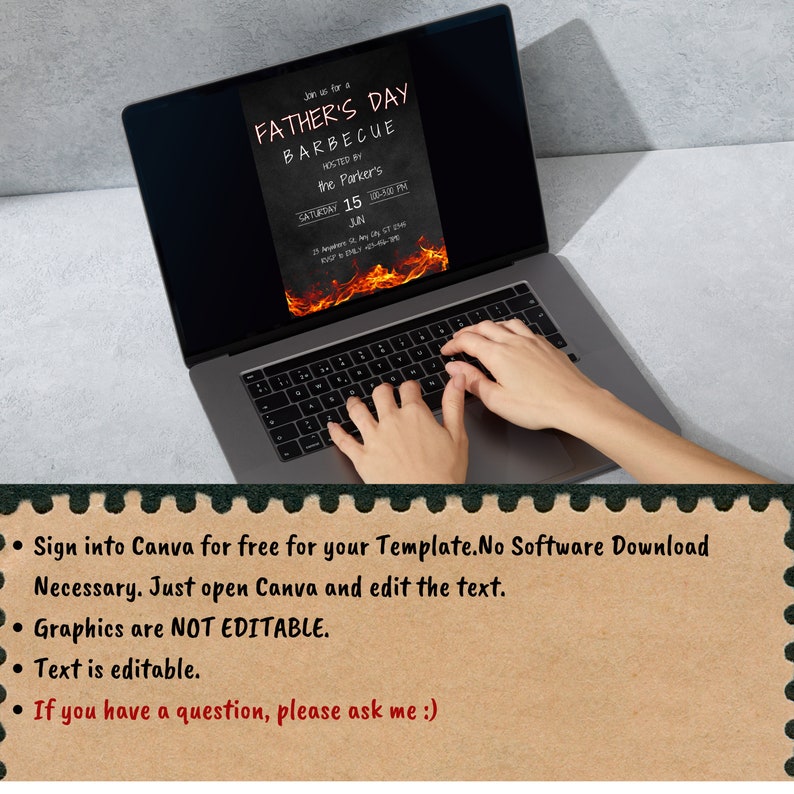 May include: A laptop screen displaying a Father's Day barbecue invitation with a fiery background. The invitation includes the text "Join us for a Father's Day Barbecue", "Hosted by the Parker's", "Saturday 15 Jun", and "15 - 20:00 PM".