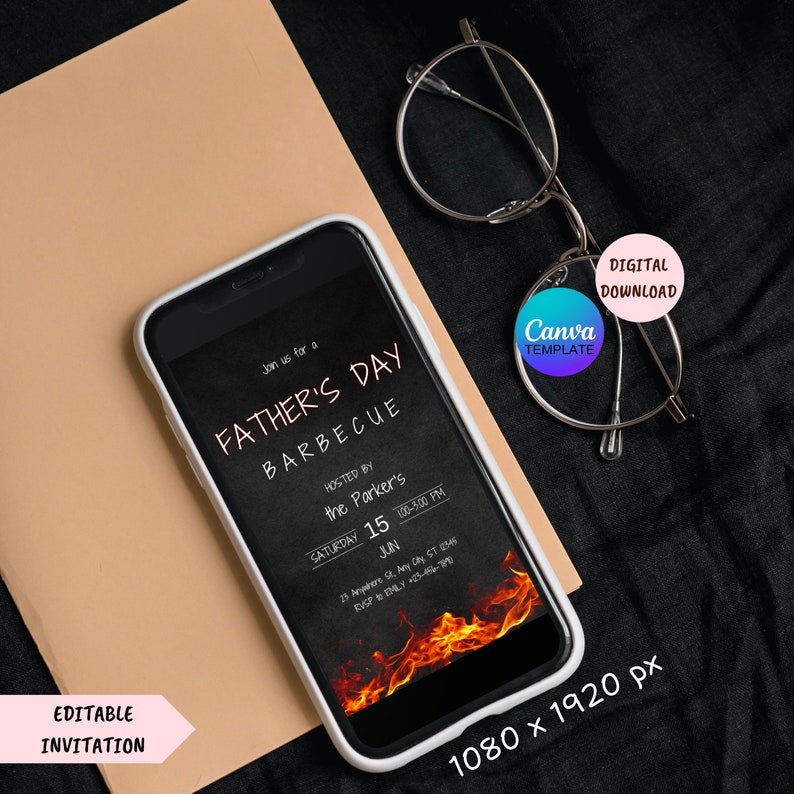 May include: A digital invitation for a Father's Day barbecue. The invitation is on a black background with a fiery orange and yellow design. The text reads "Join us for a Father's Day Barbecue" and includes the date, time, and location of the event. The invitation is displayed on a smartphone screen.
