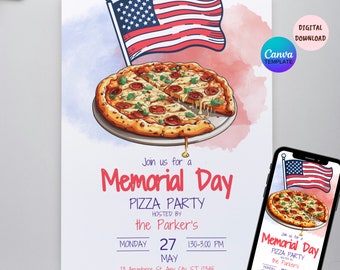 Memorial Day Pizza Party Invitation, Editable Memorial Day Celebration Invite, Memorial Day Party, Memorial Day Breakfast BBQ Cookout Events