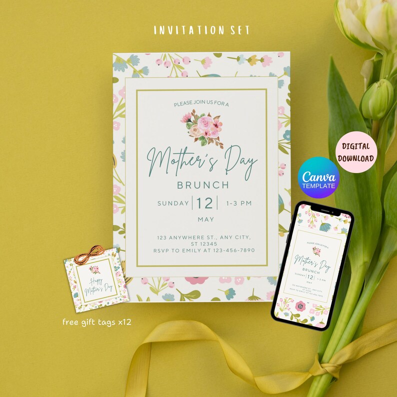 May include: A digital invitation template for a Mother's Day brunch. The invitation features a floral design with pink and blue flowers. The text on the invitation reads "Please join us for a Mother's Day Brunch, Sunday, May 12, 1-3 PM, 123 Anywhere St., Any City, ST 12345, RSVP to Emily at 123-456-7890".