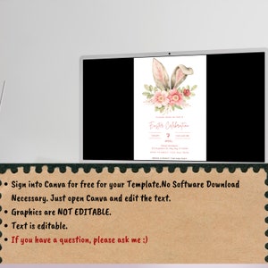 Op de afbeelding: Een digitale uitnodiging voor een paasviering met een aquarelillustratie van konijnenoren en roze bloemen. De tekst luidt "Doe mee met ons voor een paasviering" en bevat de datum, tijd en RSVP-informatie.