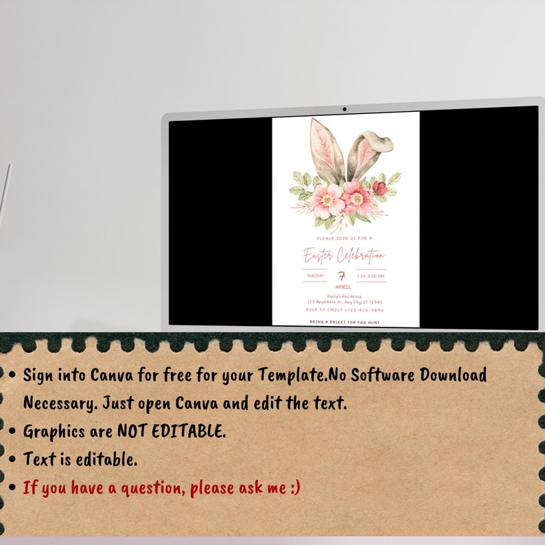 Op de afbeelding: Een digitale uitnodiging voor een paasviering met een aquarelillustratie van konijnenoren en roze bloemen. De tekst luidt "Doe mee met ons voor een paasviering" en bevat de datum, tijd en RSVP-informatie.