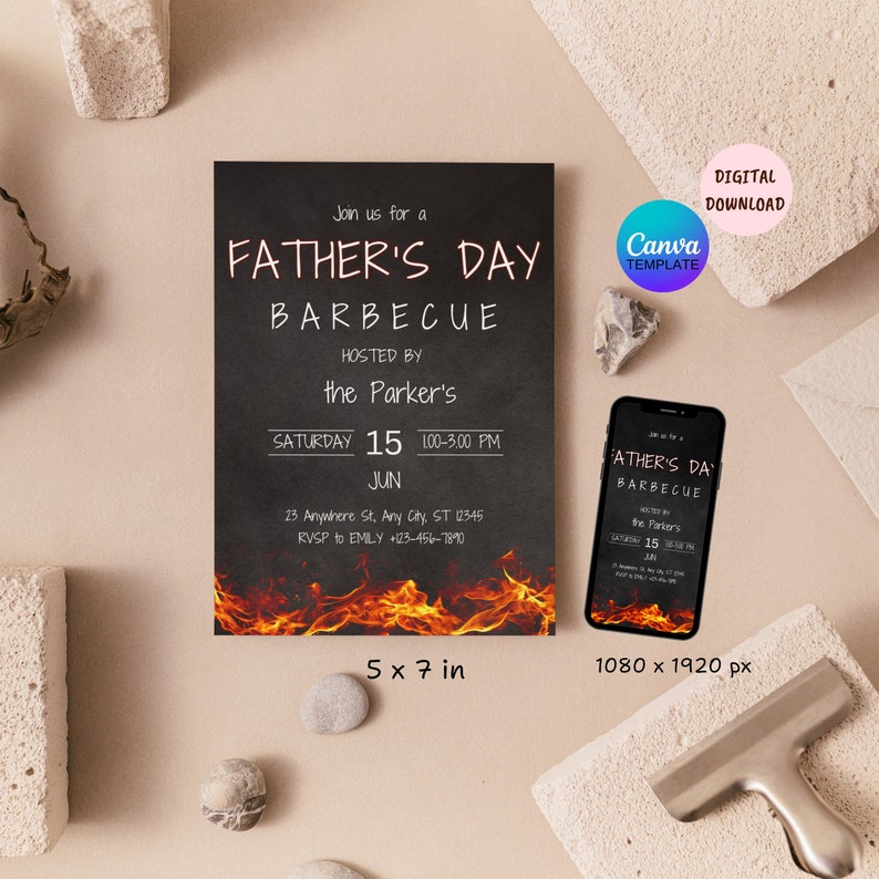 May include: A printable Father's Day barbecue invitation with a chalkboard background and flames at the bottom. The text reads "Join us for a Father's Day Barbecue Hosted by the Parker's Saturday 15 Jun 1:00-3:00 PM 23 Anywhere St. Any City, ST 12345 RSVP to EMILY +123-456-7890". The invitation is 5 x 7 inches.