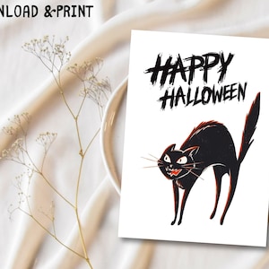 Afdrukbare Halloween-wenskaart Spooky Black Cat, Scary Halloween-kaart - Black Cat-thema, kaartsjabloon Spooky Season, Black Cat's Curse.