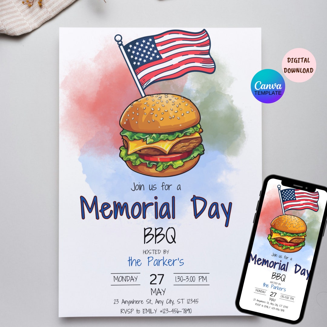 Memorial Day Barbeque Invitation Template, EDITABLE Memorial Day BBQ ...