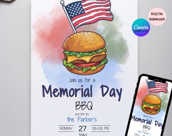 Memorial Day Barbeque Invitation Template, EDITABLE Memorial Day BBQ Invite, Printable Barbeque Events, Memorial Day Backyard BBQ Invite.