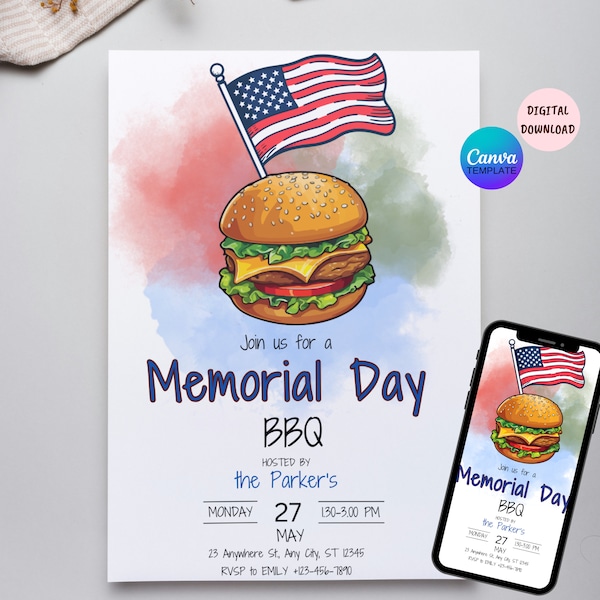 Memorial Day Barbeque Invitation Template, EDITABLE Memorial Day BBQ Invite, Printable Barbeque Events, Memorial Day Backyard BBQ Invite.