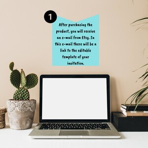 May include: A laptop computer with a blank screen is on a white desk. A cactus plant is in a pot to the left of the laptop. A blue and white note with the number 1 and text about receiving an email after purchasing a product is on the wall behind the laptop.
