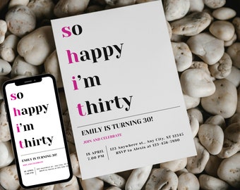 So Happy I’m Thirty Birthday Party Invitation, Editable 30th Birthday Party, Funny 30th Birthday Celebrate Invite, Thirtieth Birthday Event.