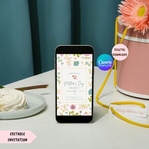 May include: Editable digital invitation for a Mother's Day brunch. The invitation features a floral design with pink and blue flowers on a white background. The text reads "Please join us for a Mother's Day Brunch, Sunday, May 12, 1-3 PM".