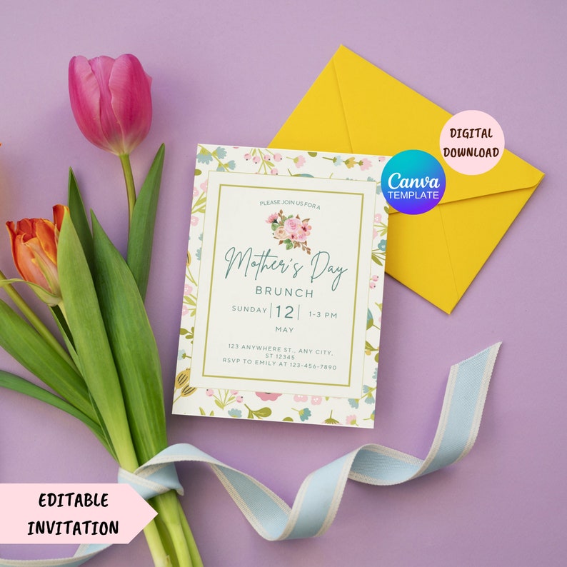 May include: A printable Mother's Day brunch invitation with a floral design. The invitation features a light blue background with a white border and a floral pattern. The text on the invitation reads "Please join us for a Mother's Day Brunch Sunday 12 | 1-3 PM May 123 Anywhere St., Any City, ST 12345 RSVP to Emily at 123-456-7890".