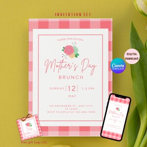 EDITABLE Mother's Day Brunch Invitation Set, Happy Mother's Day, Mother's Day Phone Invitation, Free Mother's Day Gift Tags, CanvaTemplate
