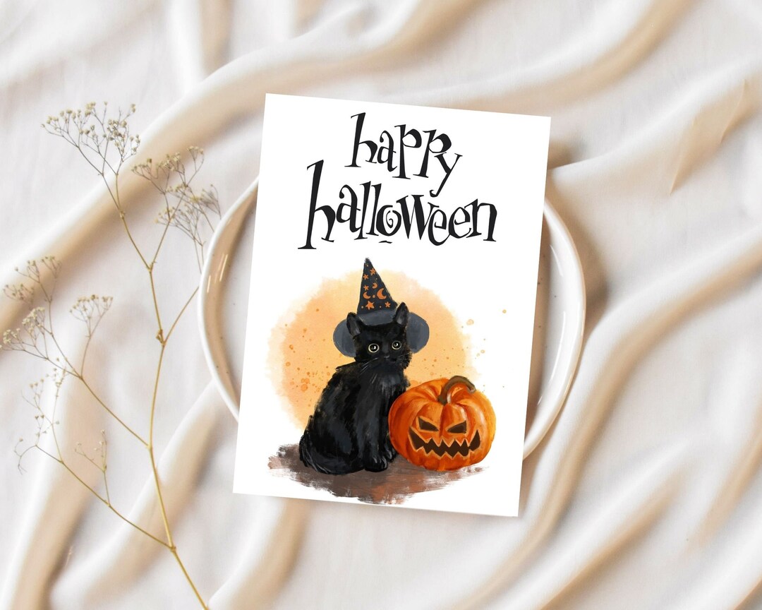 Magical Printable Halloween Greeting Card With Black Cat and Witch's ...