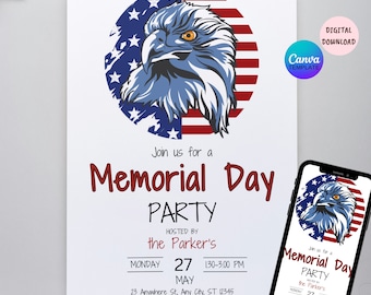 EDITABLE Memorial Day Party Invitation, Printable Memorial Day Celebration Invite Template,  Memorial Day Cookout Breakfast BBQ  Events.