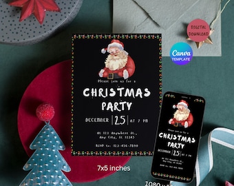 EDITABLE Santa Claus Patterned Christmas Party Invitation, Black Holiday Party Invite, Mobile Christmas Party Invite, Printable Invitation