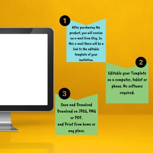May include: A computer monitor with a blank white screen is set against a yellow background. Three informational notes describe the process: receiving an email, editing the template, and saving/downloading the file.