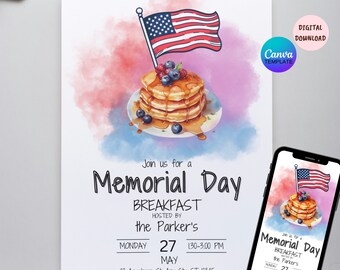 Memorial Day Breakfast Invitation Template, EDITABLE Memorial Day Cookout Party Invite, Printable Memorial Day Breakfast BBQ Events.
