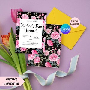 Op de afbeelding: Een printbare uitnodiging voor een Moederdagbrunch met een bloemenontwerp. De uitnodiging heeft roze en witte rozen op een zwarte achtergrond. De tekst op de uitnodiging luidt "Wordt u alstublieft uitgenodigd voor een Moederdagbrunch" en bevat de datum, tijd en locatie van het evenement.