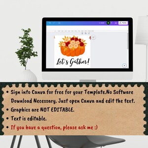 May include: A computer screen displays a fall-themed graphic with orange pumpkins and floral accents. The text "Let's Gather!" is featured. The image is part of a template, with editable text and non-editable graphics.