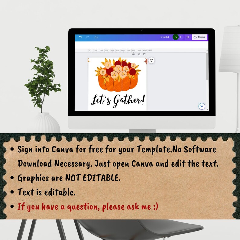 May include: A computer screen displays a fall-themed graphic with orange pumpkins and floral accents. The text "Let's Gather!" is featured. The image is part of a template, with editable text and non-editable graphics.