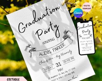 May include: Editable graduation party invitation template in black and white with a hand-drawn banner. The text reads "Graduation Party" honoring "Alexis Parker" Class of 2024 - Any University. The date is Friday, May 31st, 100-3:00 PM. The address is 23 Anywhere St. Any City, ST 12345. RSVP to Emily +123-456-7890. The text "We hope to see you there!" is at the bottom of the invitation. The invitation is 5x7 inches.