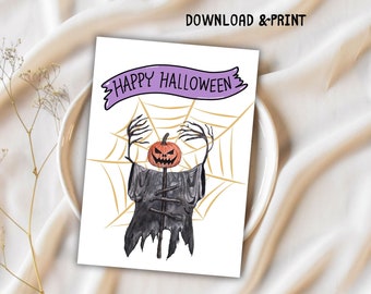 Printable Halloween Card with Pumpkin Scarecrow, Spooky Season Card, Happy Halloween Greeting Card, Instant Download PDF, Spider Web Pattern