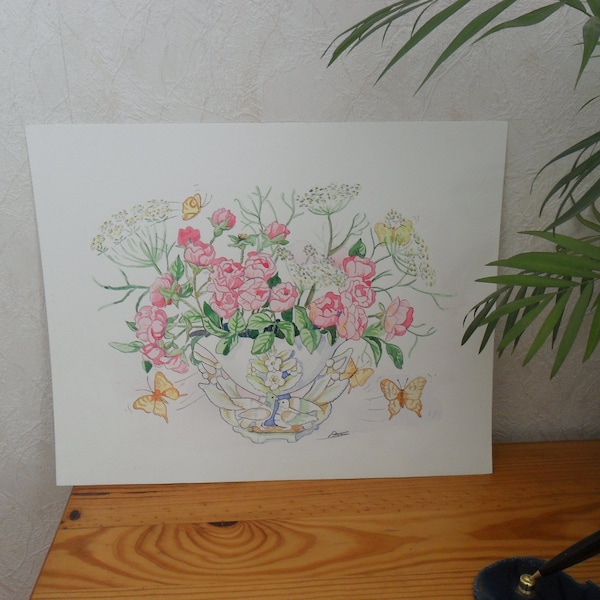 Aquarelle, peinture, tableau, fleurs, bouquet, printemps, papillons, composition florale, roses, bouquet de roses, oiseaux, vase