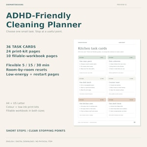 Planificateur de ménage adapté aux personnes atteintes de TDAH, avec 36 fiches de tâches, PDF imprimable et remplissable, formats A4 et Lettre.
