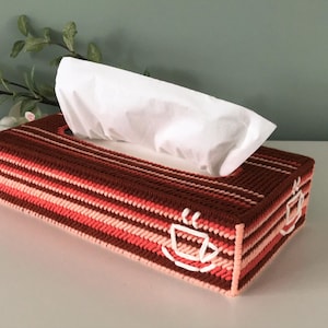 PDF Tissue Box Cover Coffee, Plastic Canvas Needlework, 7 count pattern english Needlepoint