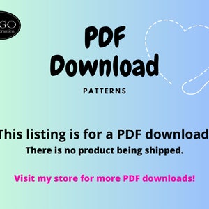 May include: A digital download for PDF sewing patterns. The image features a heart with a needle and thread, and the text "PDF Download Patterns".