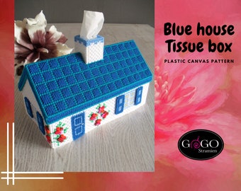 PDF Tissue Box Holder Blue House, Plastic Canvas Needlework, 7 count pattern english Needlepoint