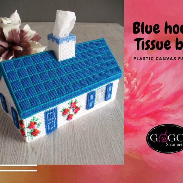 PDF Tissue Box Holder Blue House, Plastic Canvas Needlework, 7 count pattern english Needlepoint