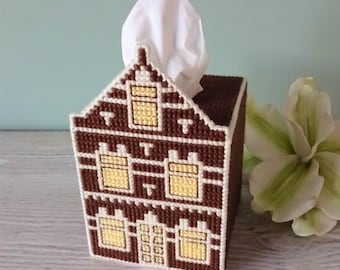 Plastic Canvas Tissue Box Cover Pattern: Dutch House Needlepoint (PDF)