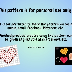 May include: A digital pattern for a red heart with diagonal stitches. The pattern is for personal use only and can be used to create finished products that can be given as gifts or sold at craft shows. The text "GOGOSTRAMIEN" is visible in the image.