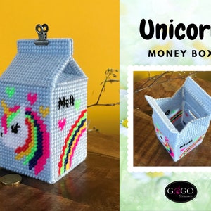PDF Unicorn Money box Milk carton Plastic Canvas 7 count pattern english Needlepoint