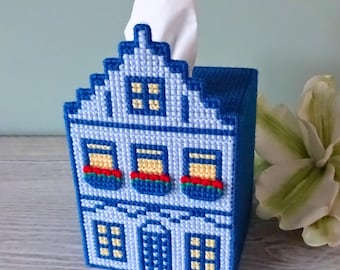 Dutch Blue House Tissue Box Cover PDF Pattern: Plastic Canvas Needlepoint