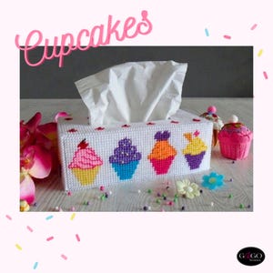 PDF Tissue Box Cover Cupcakes, Plastic Canvas Needlework, 7 count pattern english Needlepoint