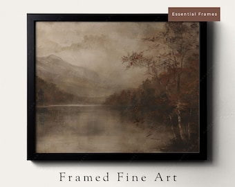 Framed Moody Fall Art Print Lake Landscape, Ready to hang vintage autumn oil painting wall art, Modern Cottage style fall canvas wall decor