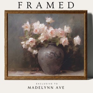 Framed Vase with Flowers Art, Vase with Roses Art Print, Framed Farmhouse Art Print, Vase with Flowers Oil Painting