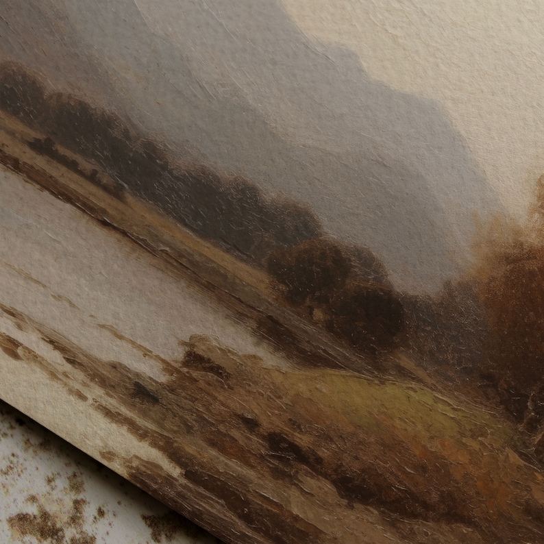 Lakeside Autumn Landscape Art Print Deep Moody Colors with Trees and Mountains - Large, Horizontal High Quality Painting on Canvas or Paper image 3