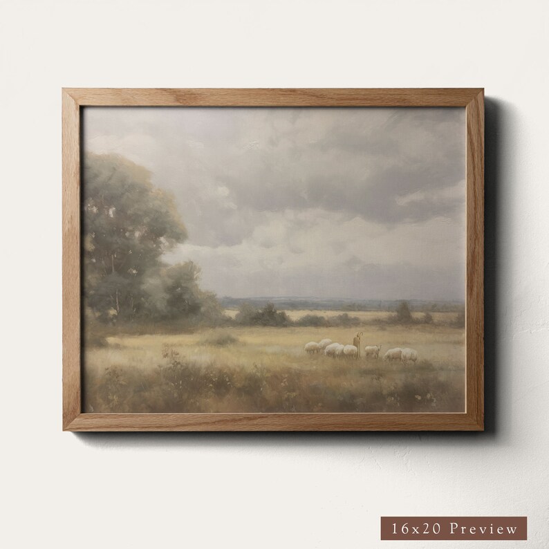 Framed Modern Christian Art Print The Lord Is My Shepherd - Jesus Leaves 99 Coastal Artwork - Neutral Oil Painting Real Wood Frame Wall Art