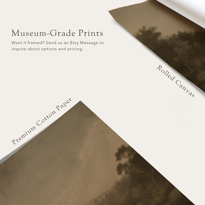 Puede incluir: Dos opciones para imprimir obras de arte: papel de algod&oacute;n de primera calidad y lienzo enrollado. El texto "Museum-Grade Prints" est&aacute; en la parte superior de la imagen. El texto "Want it framed? Send us an Etsy Message to inquire about options and pricing." est&aacute; debajo del t&iacute;tulo. El texto "Premium Cotton Paper" est&aacute; en la parte inferior izquierda de la imagen. El texto "Rolled Canvas" est&aacute; en la parte inferior derecha de la imagen.