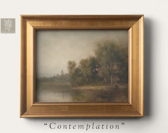 Vintage Landscape Oil Painting, Country Lakeside Art Print, Moody Wall Art, Cottage Style Artwork