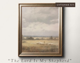 Neutral Christian Art Print - Unframed The Lord is my Shepherd Art, Jesus Leaves the 99 painting, Modern Minimalist Christian Art, Psalm 23