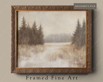 Neutral Winter Forest Landscape Art Print: Framed & Unframed Christmas Wall Art - Horizontal Snowy Woods Art  - Cottagecore Home Decor