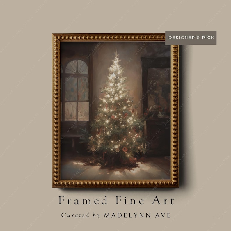 Unframed art print titled Tannenbaum, featuring a vintage-style Christmas tree glowing with lights in a softly lit room, presented with an antique-style gold frame.