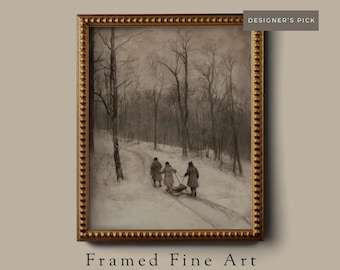 Vintage Winter Art Print - Framed & Unframed Snowy Forest Walk - Black and White Wall Art - Nostalgic Cottagecore Decor - Cozy Cabin Artwork