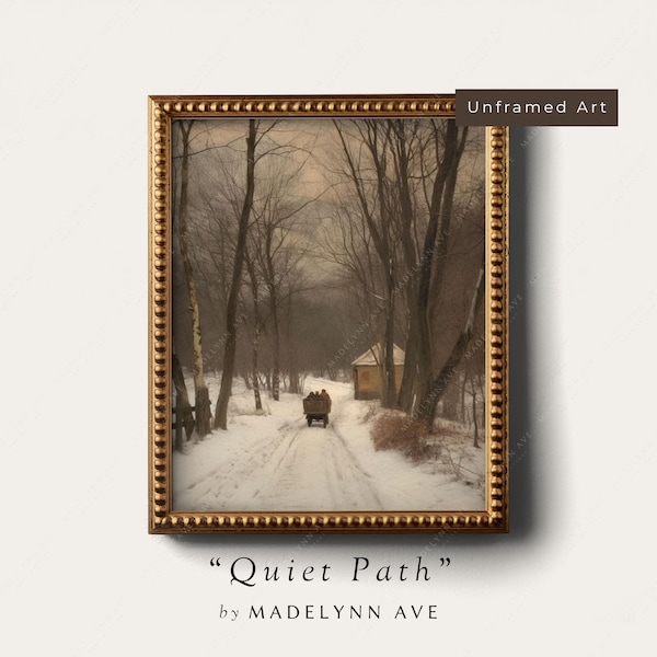 Quiet Winter Road Art Print - Vintage Style Wall Art Oil Painting Reproduction for Christmas and Winter Decor - Moody, Vertical, Unframed
